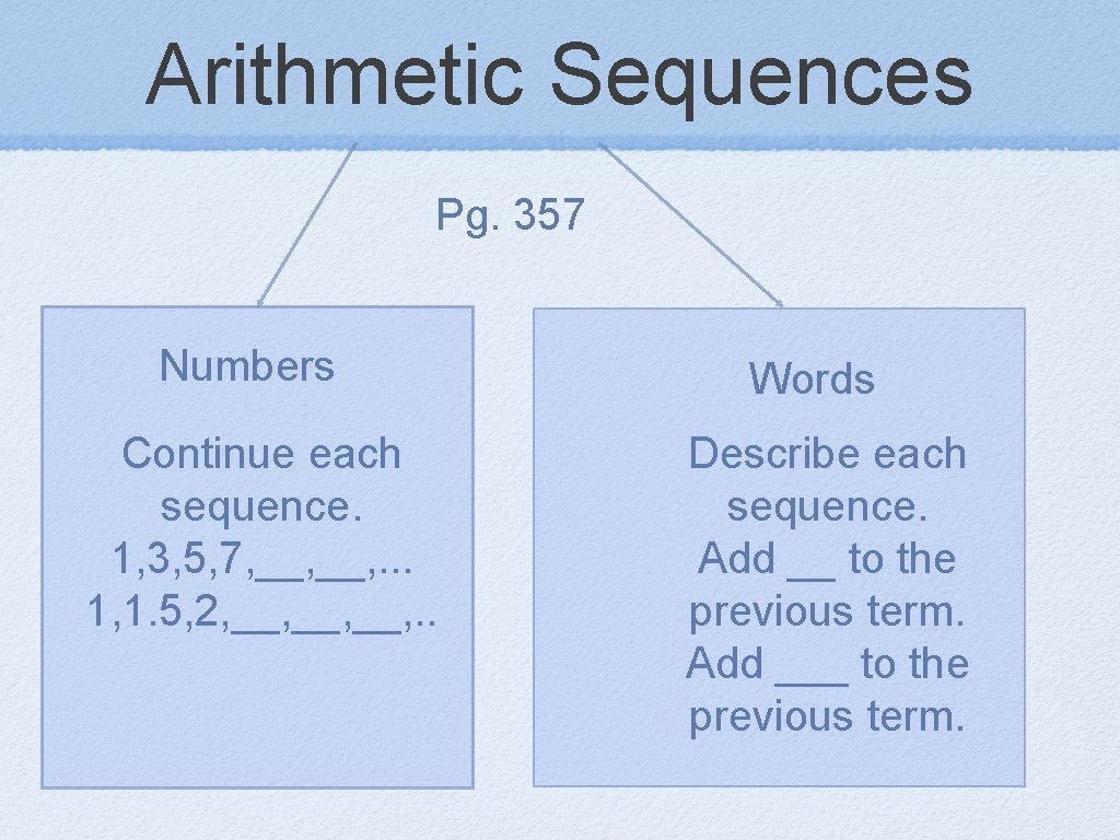 Arithmetic Sequences Pg. 357 Numbers Continue each sequence. 1, 3, 5, 7, __, .