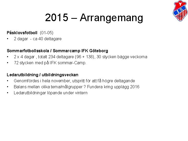 2015 – Arrangemang Påsklovsfotboll (01 -05) • 2 dagar - ca 40 deltagare Sommarfotbollsskola 2015 – Arrangemang Påsklovsfotboll (01 -05) • 2 dagar - ca 40 deltagare Sommarfotbollsskola