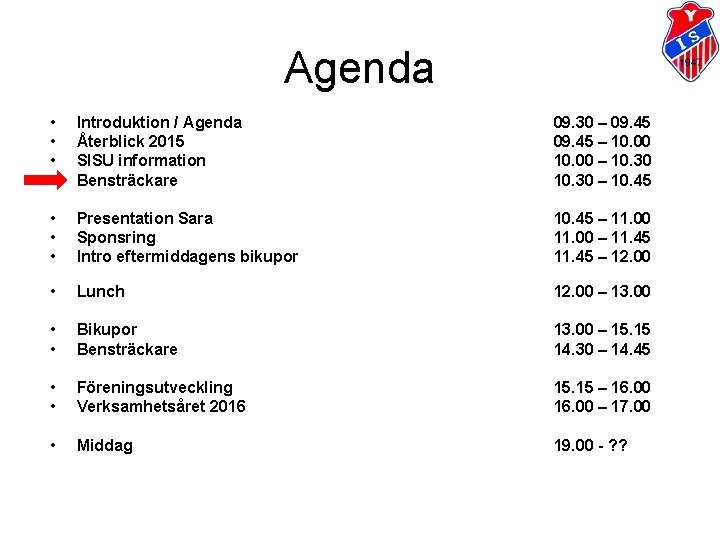 Agenda • • Introduktion / Agenda Återblick 2015 SISU information Bensträckare 09. 30 –