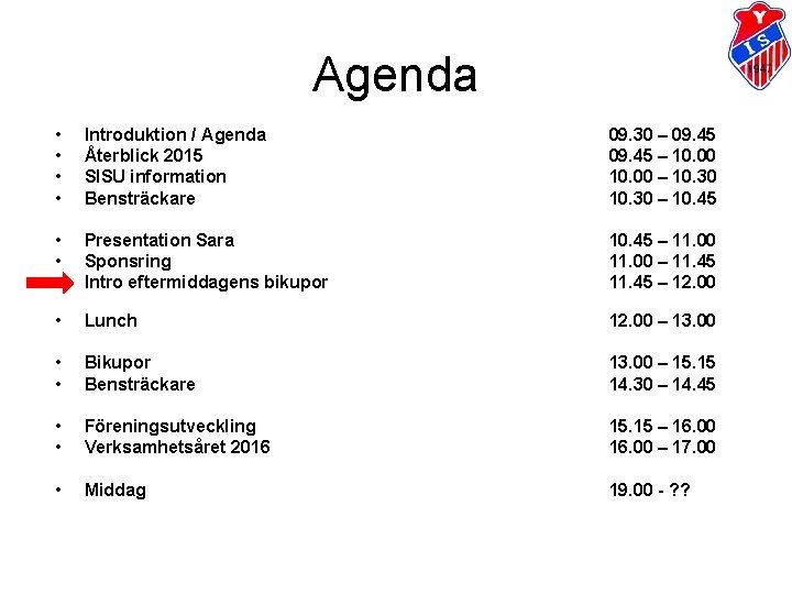 Agenda • • Introduktion / Agenda Återblick 2015 SISU information Bensträckare 09. 30 –