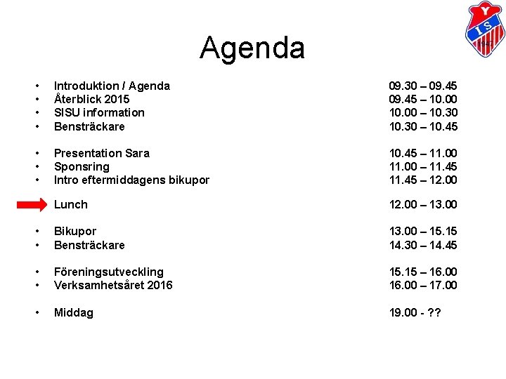 Agenda • • Introduktion / Agenda Återblick 2015 SISU information Bensträckare 09. 30 –