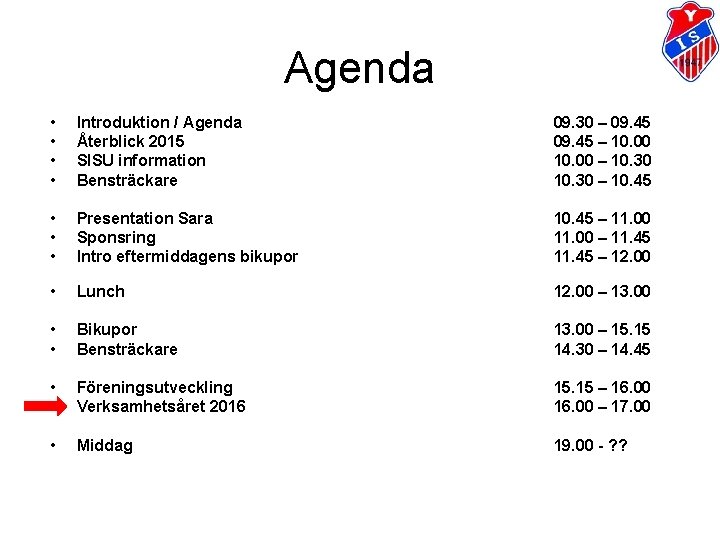 Agenda • • Introduktion / Agenda Återblick 2015 SISU information Bensträckare 09. 30 –