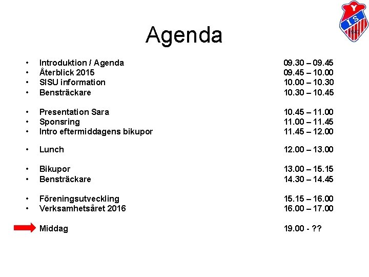 Agenda • • Introduktion / Agenda Återblick 2015 SISU information Bensträckare 09. 30 –