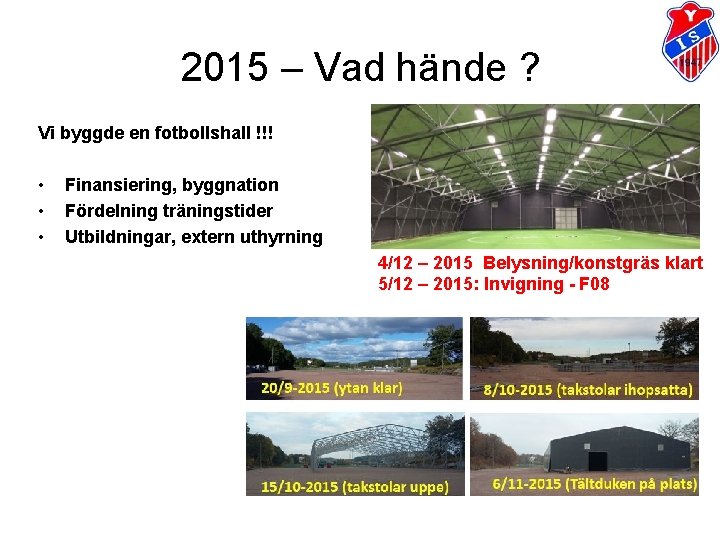 2015 – Vad hände ? Vi byggde en fotbollshall !!! • • • Finansiering, 2015 – Vad hände ? Vi byggde en fotbollshall !!! • • • Finansiering,