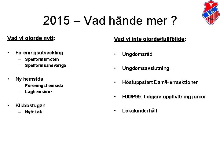 2015 – Vad hände mer ? Vad vi gjorde nytt: Vad vi inte gjorde/fullföljde: