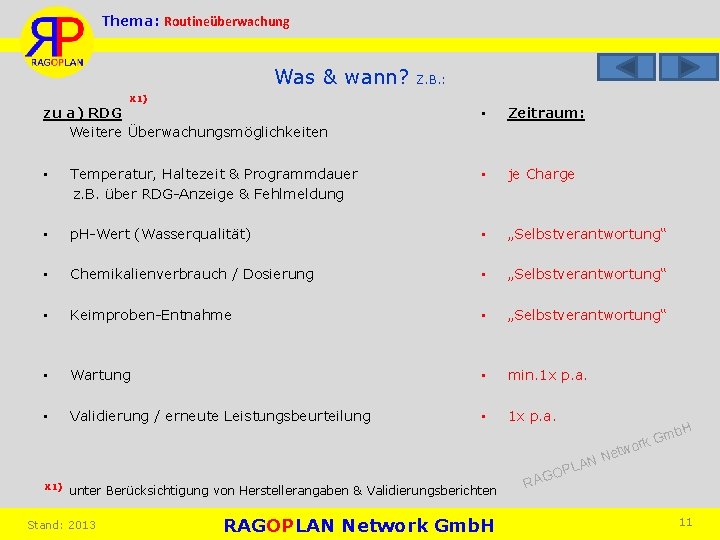 Thema: Routineüberwachung Was & wann? Z. B. : X 1) zu a) RDG Weitere