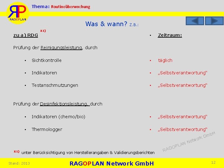 Thema: Routineüberwachung Was & wann? Z. B. : X 1) zu a) RDG •