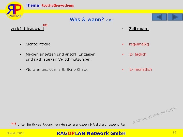 Thema: Routineüberwachung Was & wann? Z. B. : X 1) zu b) Ultraschall •