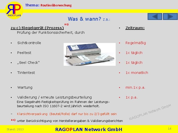 Thema: Routineüberwachung Was & wann? Z. B. : X 1) zu c) Siegelgerät (Prozess)