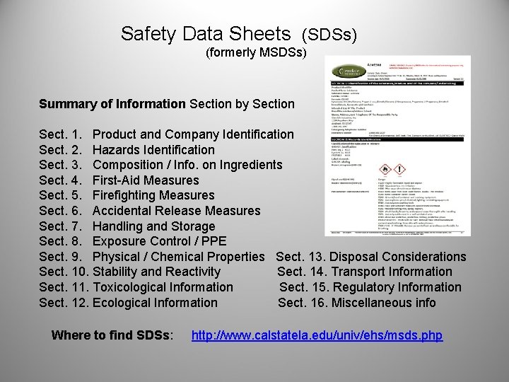 Safety Data Sheets (SDSs) (formerly MSDSs) Summary of Information Section by Section Sect. 1.