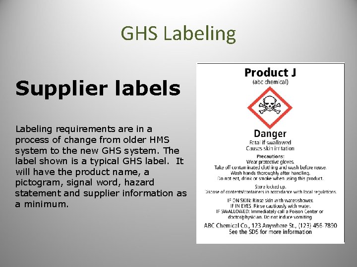 GHS Labeling Supplier labels Labeling requirements are in a process of change from older