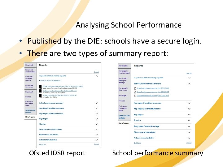 Analysing School Performance • Published by the Df. E: schools have a secure login.