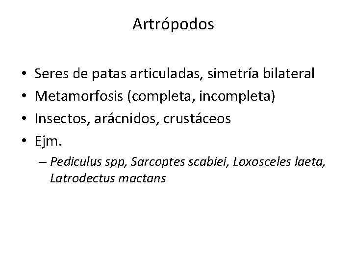 Artrópodos • • Seres de patas articuladas, simetría bilateral Metamorfosis (completa, incompleta) Insectos, arácnidos,