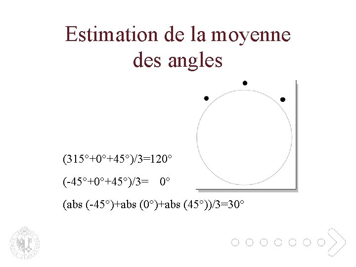 Estimation de la moyenne des angles (315°+0°+45°)/3=120° (-45°+0°+45°)/3= 0° (abs (-45°)+abs (0°)+abs (45°))/3=30° 