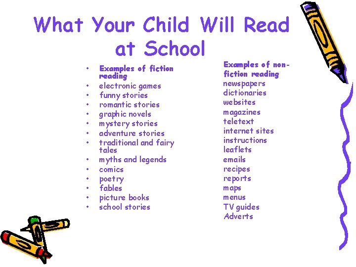 What Your Child Will Read at School • • • • Examples of fiction