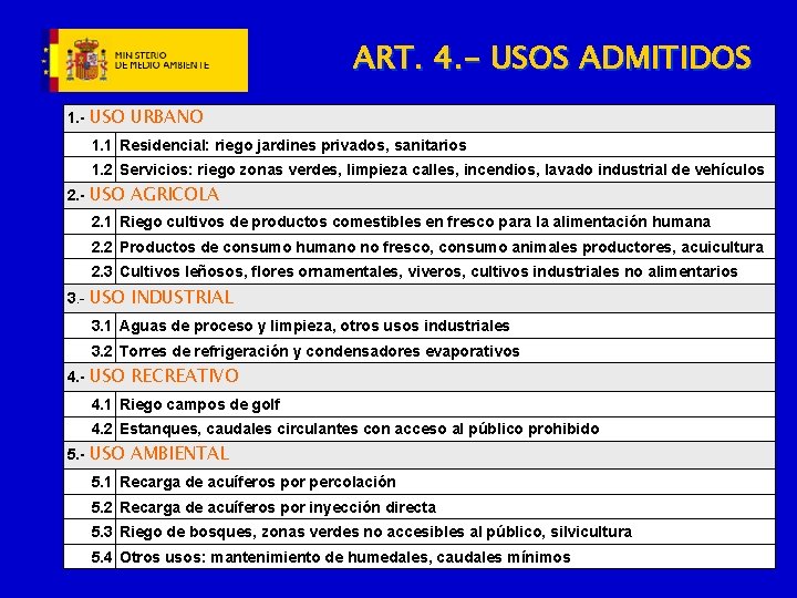 ART. 4. - USOS ADMITIDOS 1. - USO URBANO 1. 1 Residencial: riego jardines