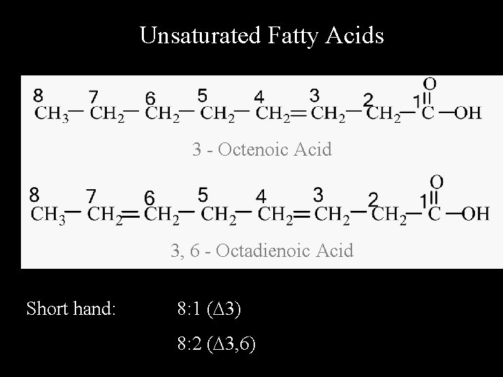 Unsaturated Fatty Acids 3 - Octenoic Acid 3, 6 - Octadienoic Acid Short hand: Unsaturated Fatty Acids 3 - Octenoic Acid 3, 6 - Octadienoic Acid Short hand: