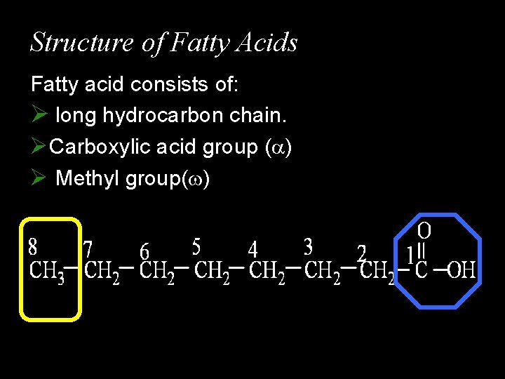 Structure of Fatty Acids Fatty acid consists of: Ø long hydrocarbon chain. ØCarboxylic acid Structure of Fatty Acids Fatty acid consists of: Ø long hydrocarbon chain. ØCarboxylic acid