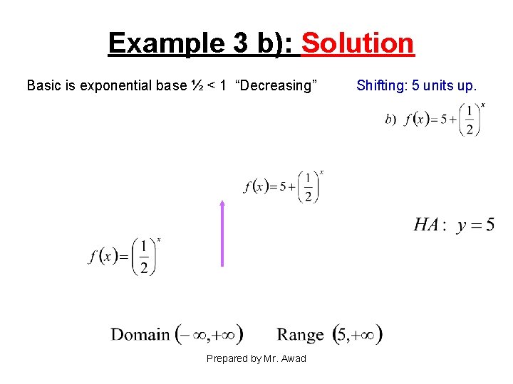 Example 3 b): Solution Basic is exponential base ½ < 1 “Decreasing” Prepared by