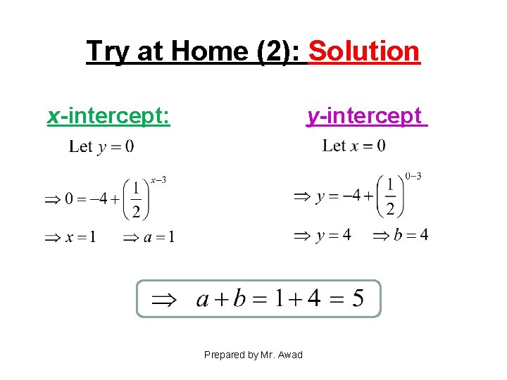 Try at Home (2): Solution x-intercept: y-intercept Prepared by Mr. Awad 