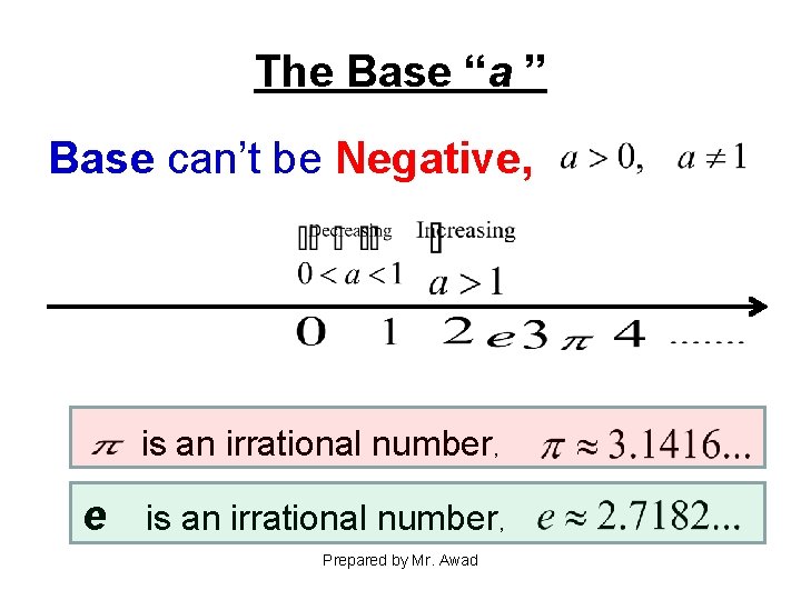 The Base “a ” Base can’t be Negative, is an irrational number, e is