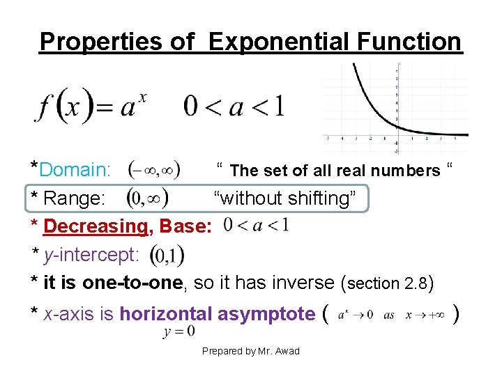 Properties of Exponential Function *Domain: “ The set of all real numbers “ “without