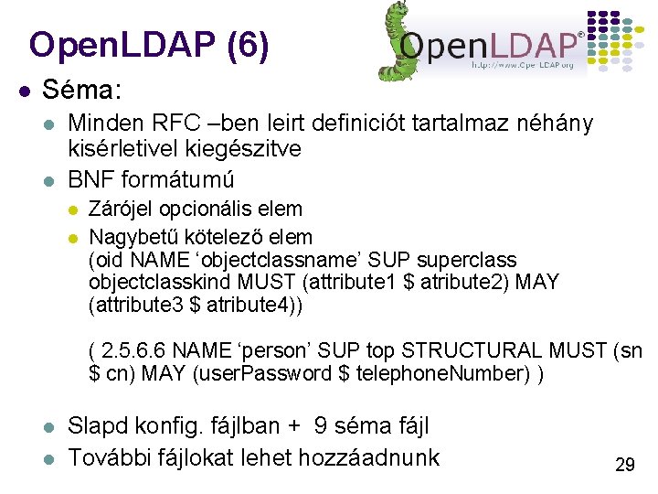 Open. LDAP (6) l Séma: l l Minden RFC –ben leirt definiciót tartalmaz néhány