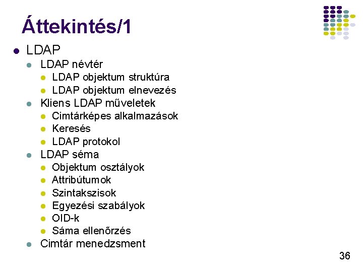 Áttekintés/1 l LDAP l l LDAP névtér l LDAP objektum struktúra l LDAP objektum