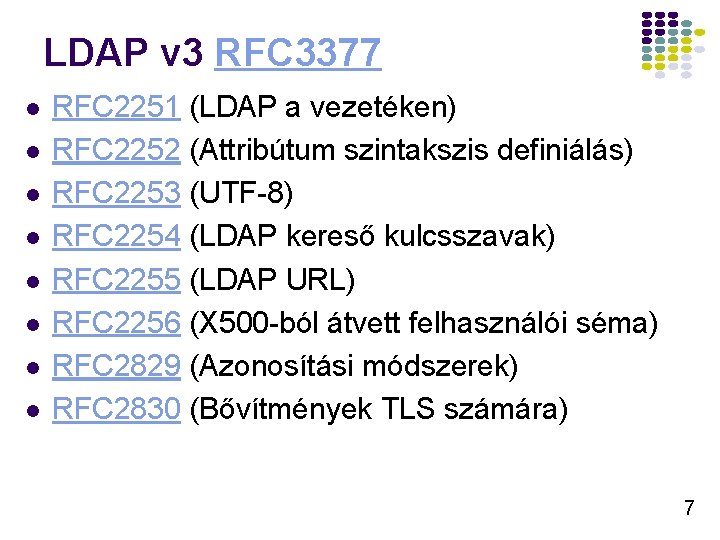 LDAP v 3 RFC 3377 l l l l RFC 2251 (LDAP a vezetéken)