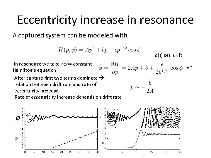 Eccentricity increase in resonance A captured system can be modeled with b(t) set drift