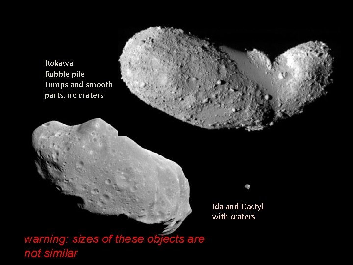 Itokawa Rubble pile Lumps and smooth parts, no craters Ida and Dactyl with craters
