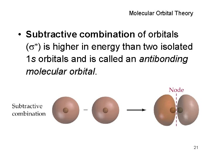 Molecular Orbital Theory • Subtractive combination of orbitals ( *) is higher in energy