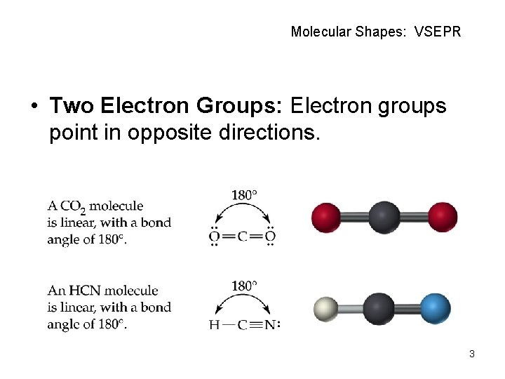 Molecular Shapes: VSEPR • Two Electron Groups: Electron groups point in opposite directions. 3