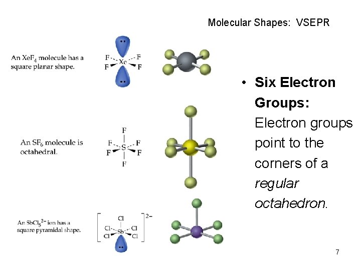 Molecular Shapes: VSEPR • Six Electron Groups: Electron groups point to the corners of