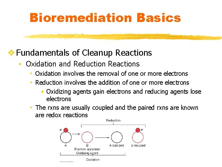 Bioremediation Basics v Fundamentals of Cleanup Reactions • Oxidation and Reduction Reactions • Oxidation