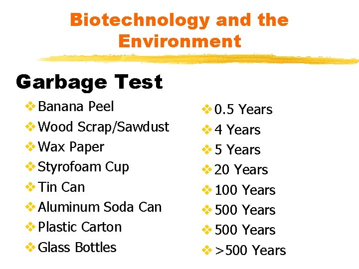 Biotechnology and the Environment Garbage Test v Banana Peel v Wood Scrap/Sawdust v Wax