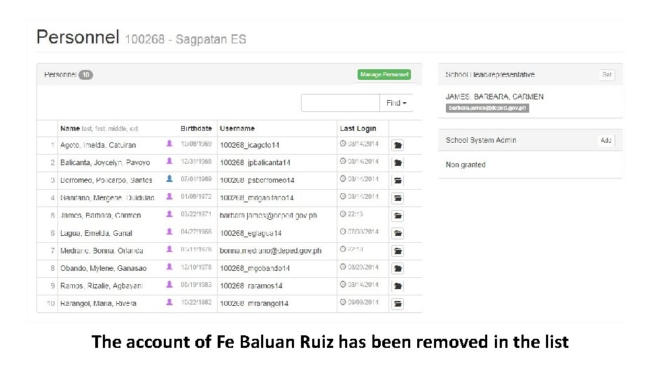 The account of Fe Baluan Ruiz has been removed in the list 