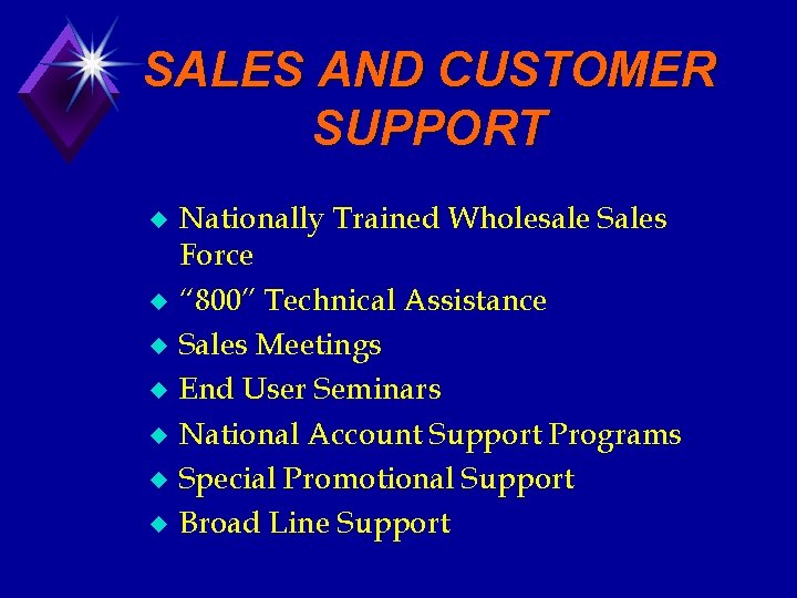 SALES AND CUSTOMER SUPPORT u u u u Nationally Trained Wholesale Sales Force “