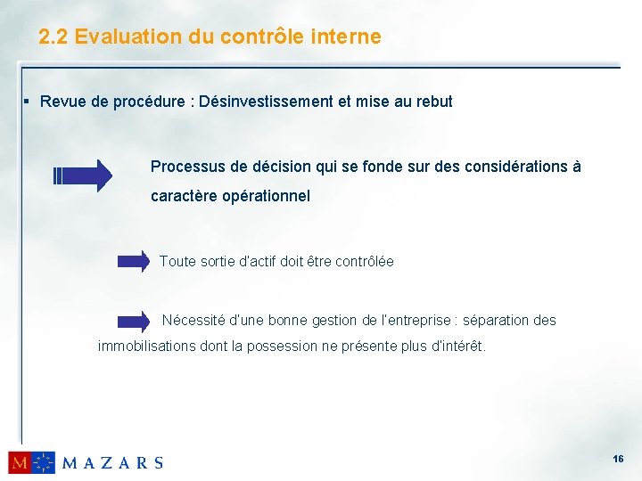 2. 2 Evaluation du contrôle interne § Revue de procédure : Désinvestissement et mise