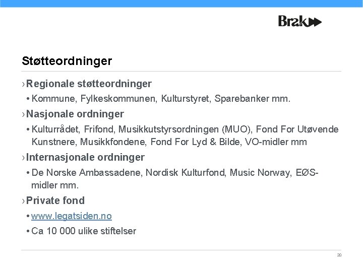 Støtteordninger › Regionale støtteordninger • Kommune, Fylkeskommunen, Kulturstyret, Sparebanker mm. › Nasjonale ordninger •