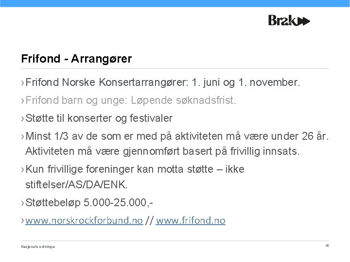 Frifond - Arrangører › Frifond Norske Konsertarrangører: 1. juni og 1. november. › Frifond