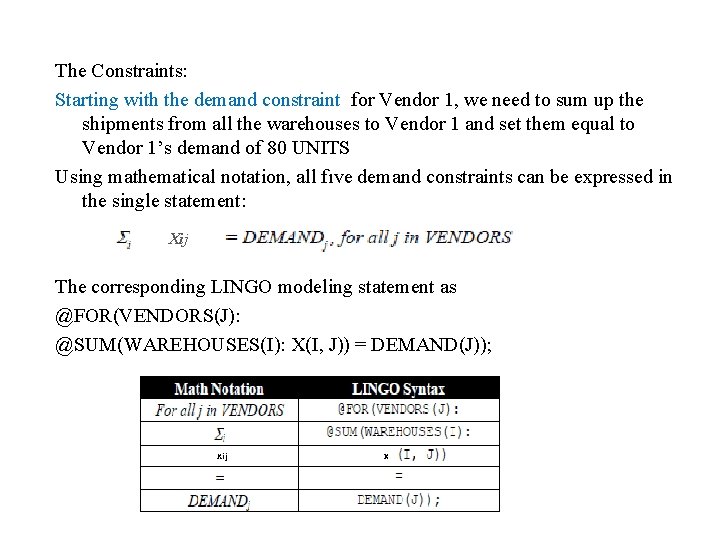 The Constraints: Starting with the demand constraint for Vendor 1, we need to sum The Constraints: Starting with the demand constraint for Vendor 1, we need to sum