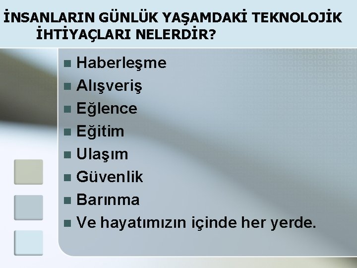 İNSANLARIN GÜNLÜK YAŞAMDAKİ TEKNOLOJİK İHTİYAÇLARI NELERDİR? Haberleşme n Alışveriş n Eğlence n Eğitim n