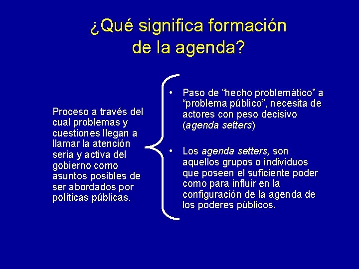 ¿Qué significa formación de la agenda? Proceso a través del cual problemas y cuestiones ¿Qué significa formación de la agenda? Proceso a través del cual problemas y cuestiones