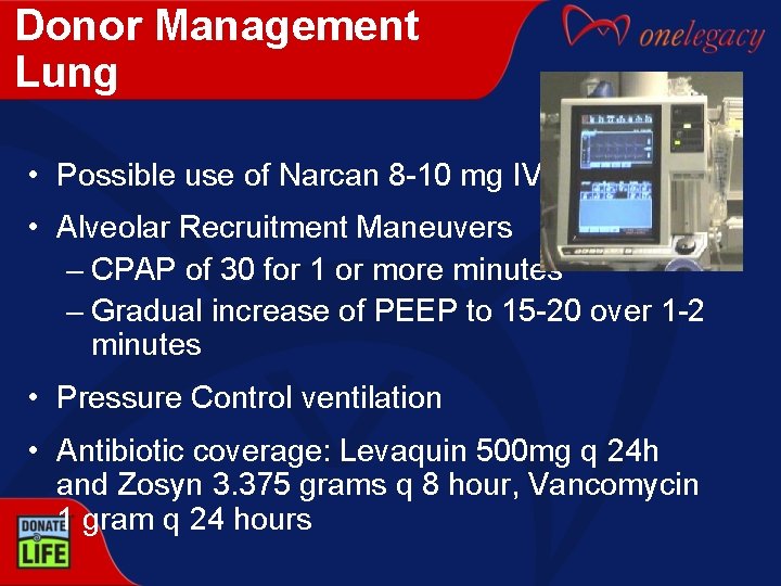 Donor Management Lung • Possible use of Narcan 8 -10 mg IVP • Alveolar