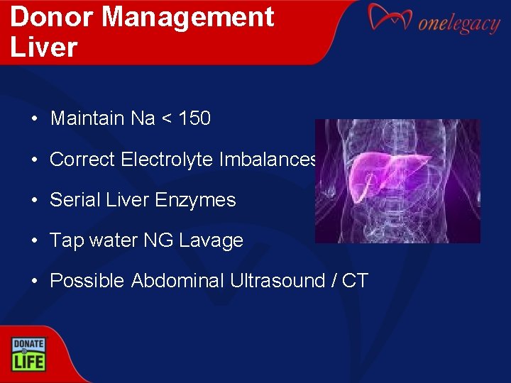 Donor Management Liver • Maintain Na < 150 • Correct Electrolyte Imbalances • Serial