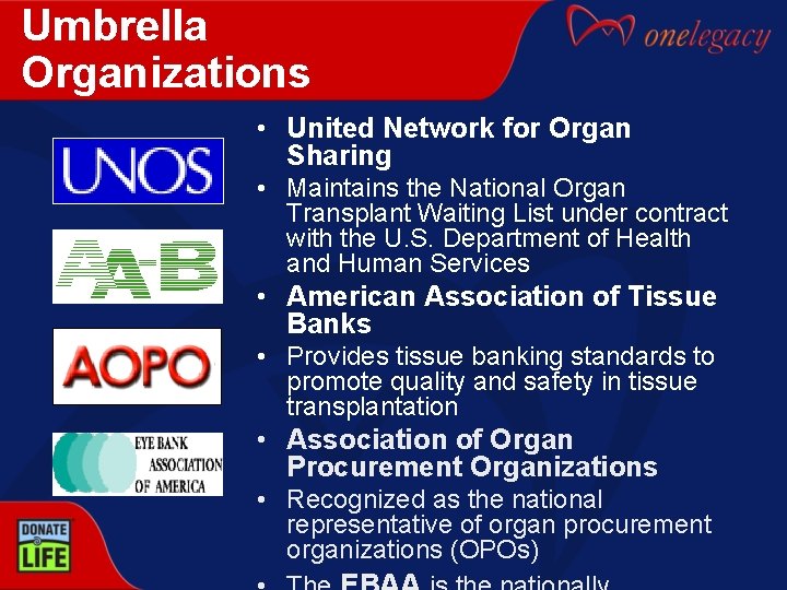 Umbrella Organizations • United Network for Organ Sharing • Maintains the National Organ Transplant