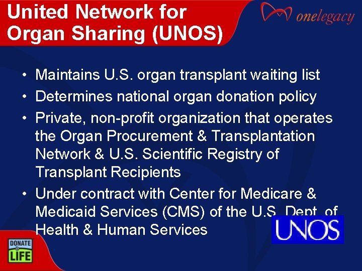 United Network for Organ Sharing (UNOS) • Maintains U. S. organ transplant waiting list