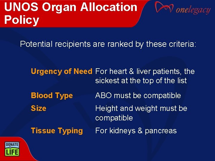 UNOS Organ Allocation Policy Potential recipients are ranked by these criteria: Urgency of Need