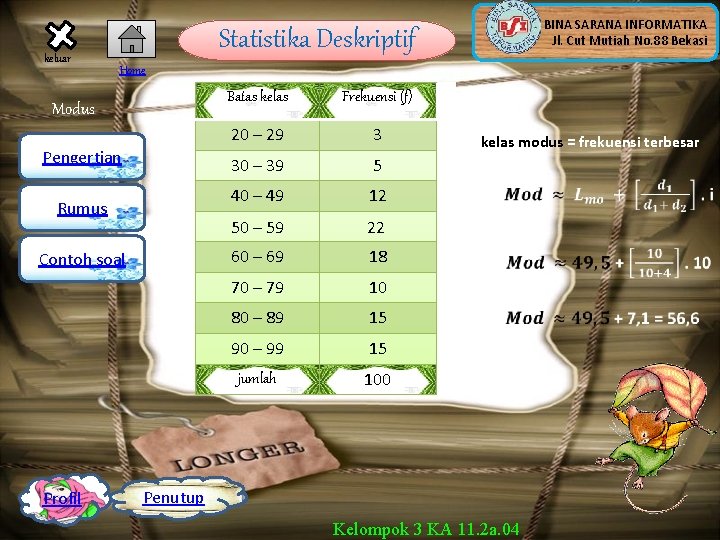 keluar Statistika Deskriptif Home Modus Pengertian Rumus Contoh soal Profil BINA SARANA INFORMATIKA Jl.